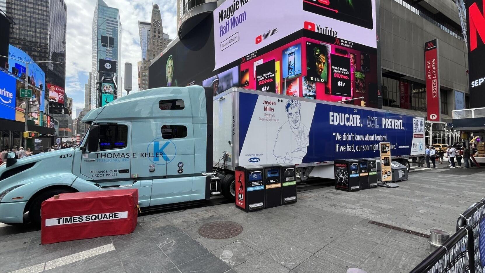 Keller Trucking semi rolls into Times Square in New York City for National Fentanyl Prevention and Awareness Day, August 20th, 2026.