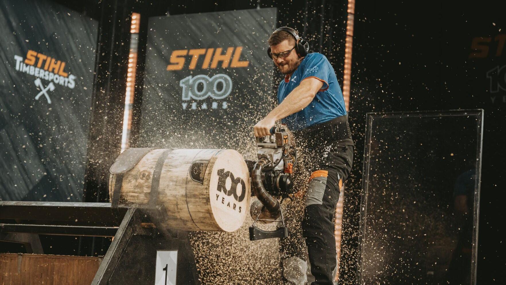 Matt Cogar competes in the Hot Saw discipline at the 2026 STIHL TIMBERSPORTS® U.S. Championships at German Fest in Milwaukee.