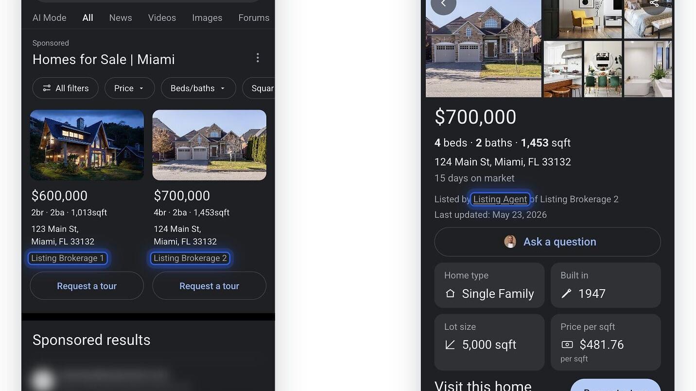 Brokerage listings from participating MLSs appear prominently in Google mobile search results. Sample listing display on Google mobile search results (left) and listing display page (right).