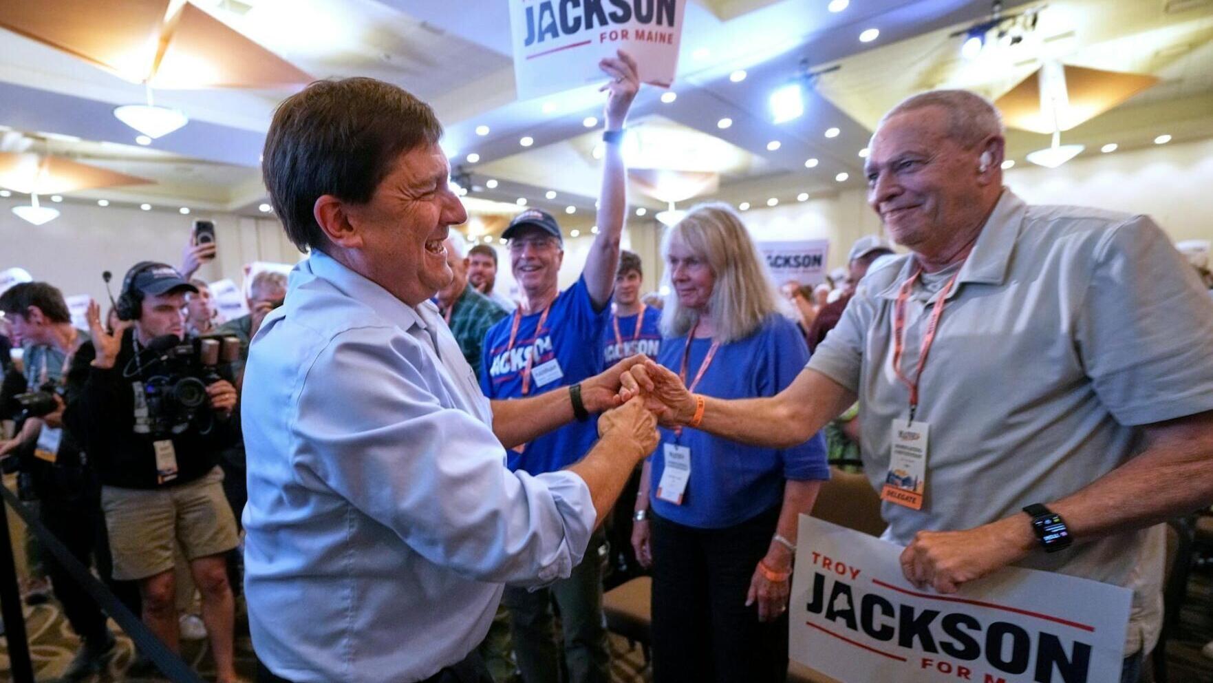Troy Jackson, the Democratic nominee in Maine's U.S. Senate race, greets a supporter on July 25, 2026, in Bangor.
