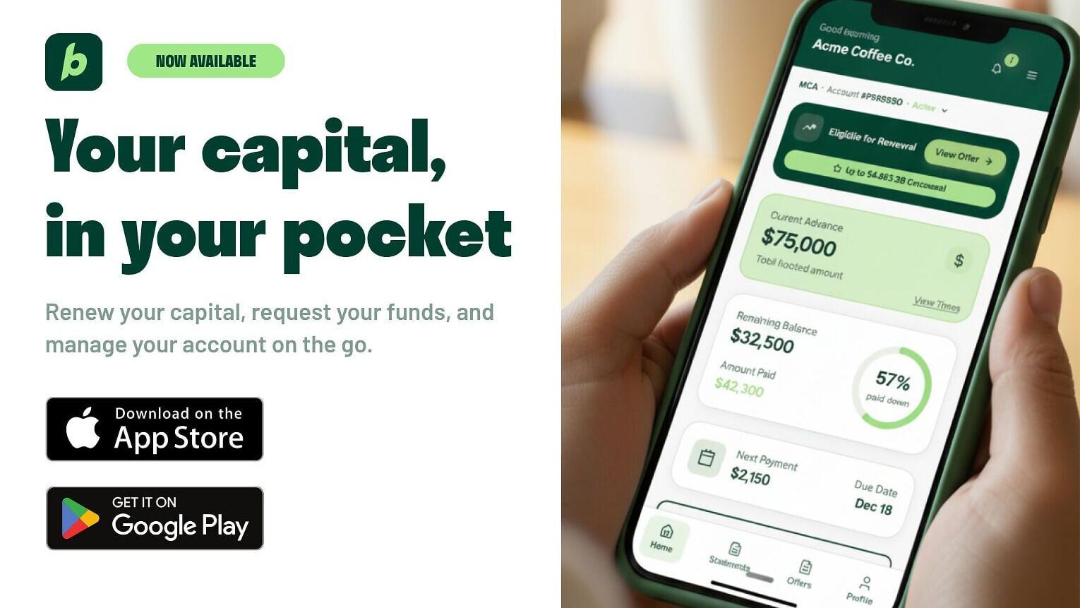 The Byzfunder app is here. Renew your capital, request funds, and manage your account from anywhere — no calls, no waiting on business hours.