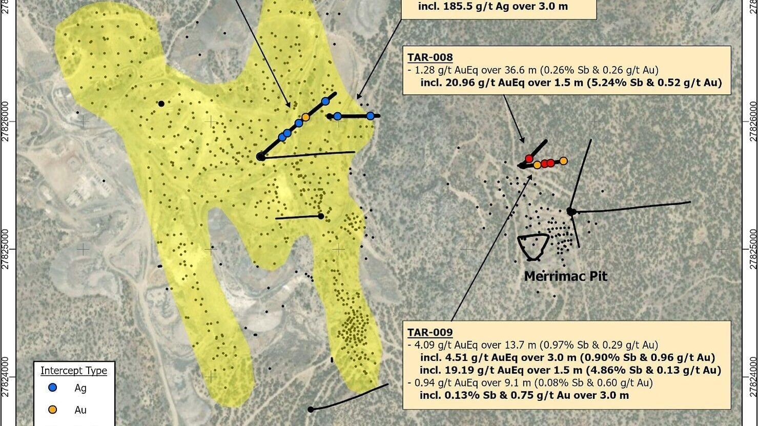 Figure 1: Plan view map that shows a portion of the 2026 RC drill program with assays received to date. The silver mineralization footprint is shown in yellow. Antimony mineralization has not been included in previous resource estimates.