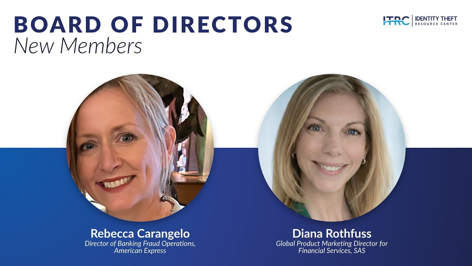 Rebecca Carangelo and Diana Rothfuss join the ITRC Board of Directors after the expiration of Clarissa Carnero and Brooke Huckabee’s terms.