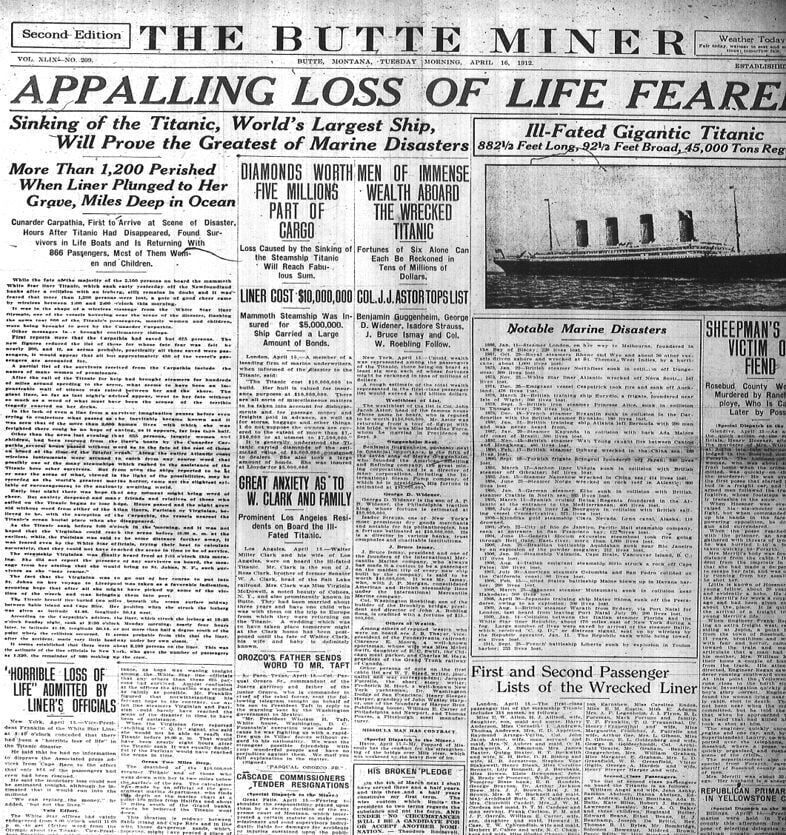The April 16, 1912 cover of the Butte Miner newspaper.