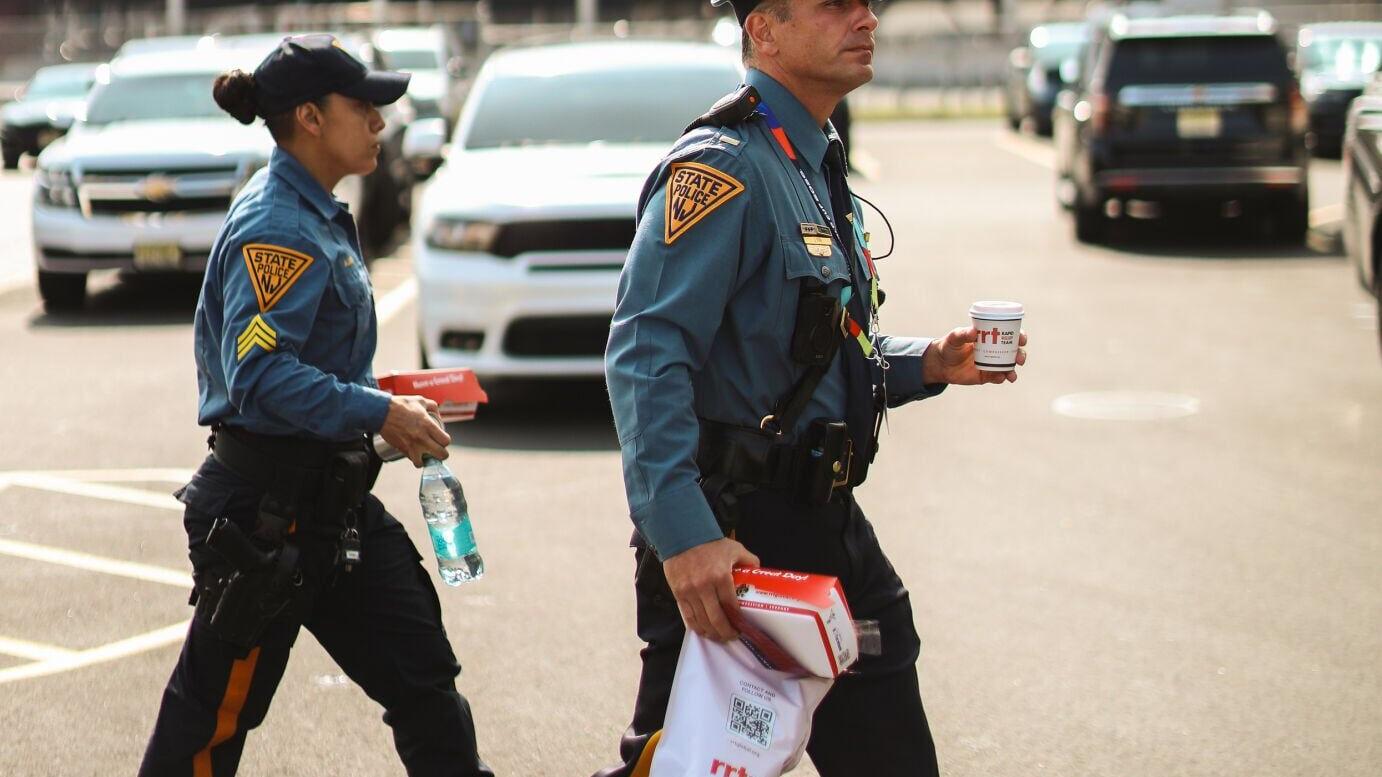 New Jersey State Police with Rapid Relief Team supplies outside of MetLife Stadium.