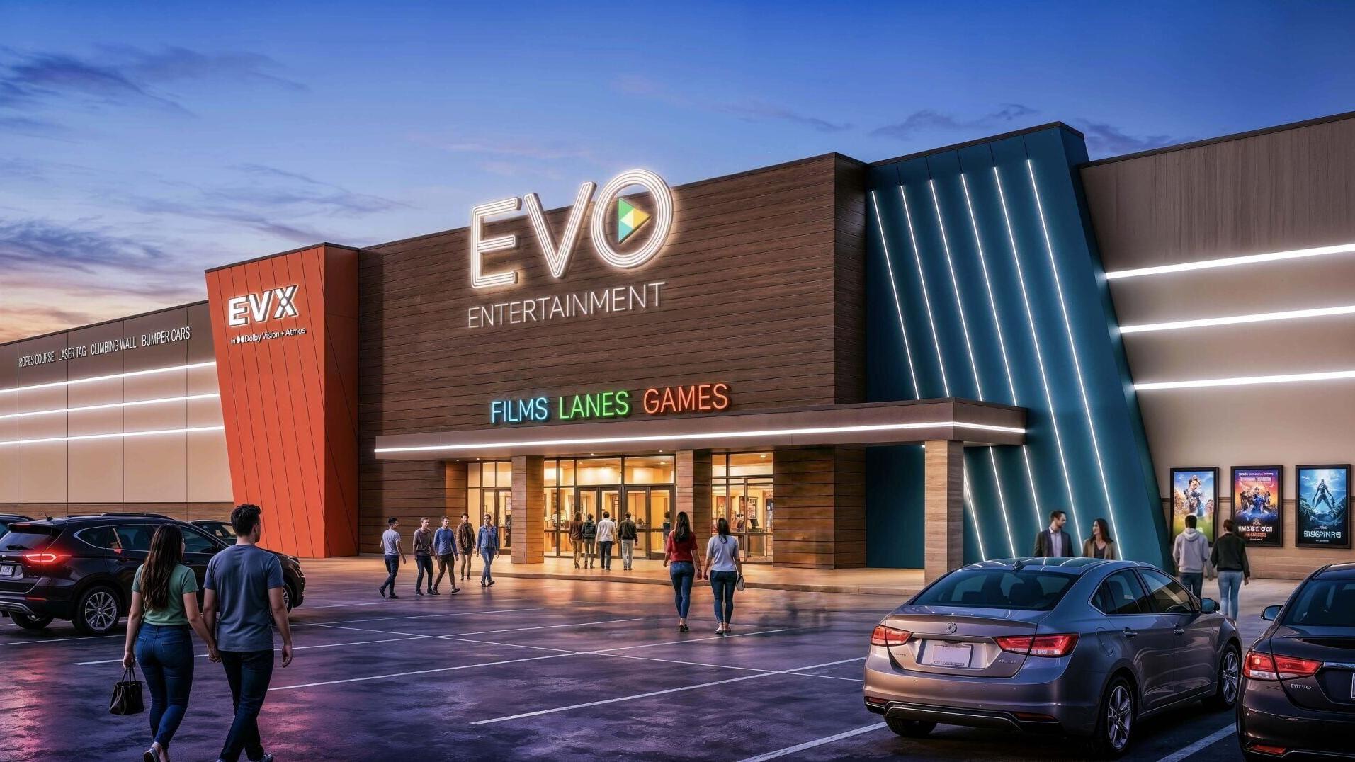 Rendering of the front exterior or EVO Entertainment Katy-Fulshear