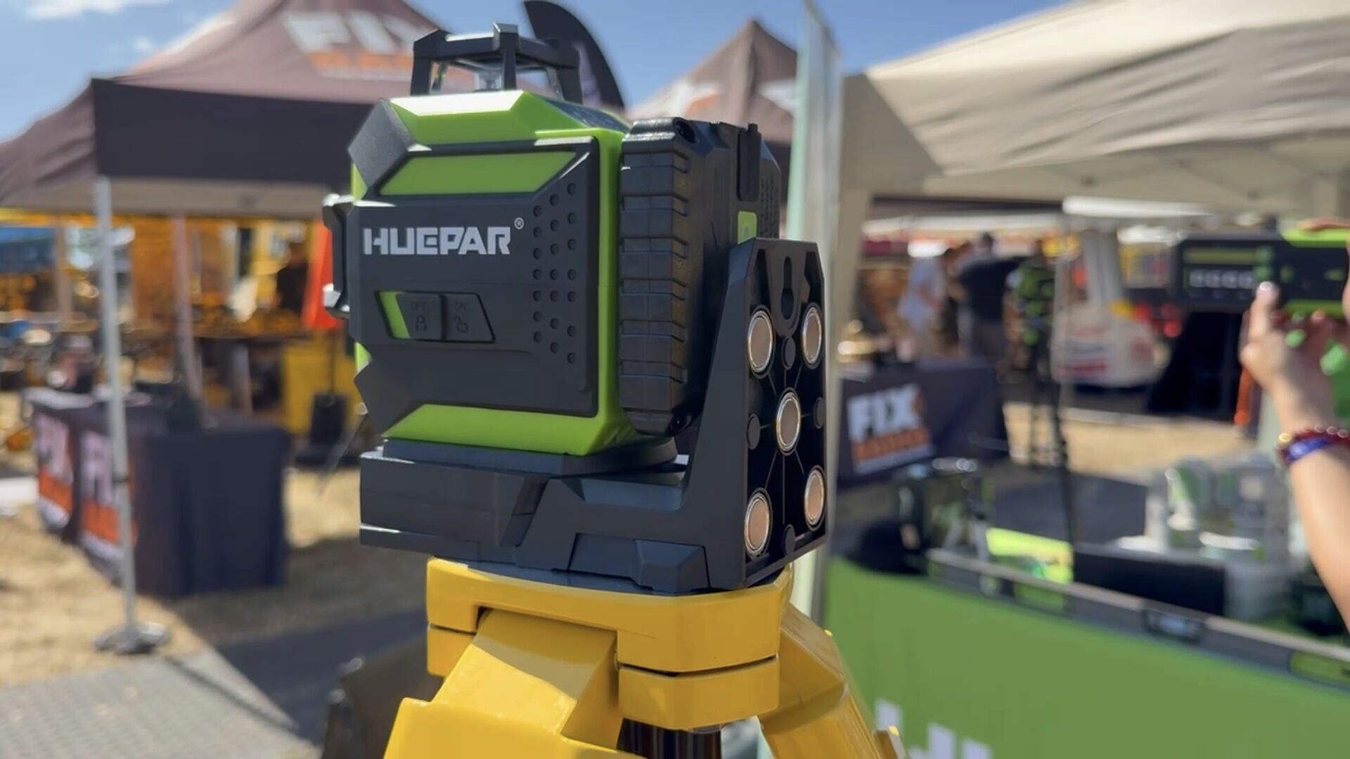 A Huepar laser level on display at Super Trowel 2026 in Redbourn, England, where construction professionals, educators and apprentices explored practical tools for accurate layout work.