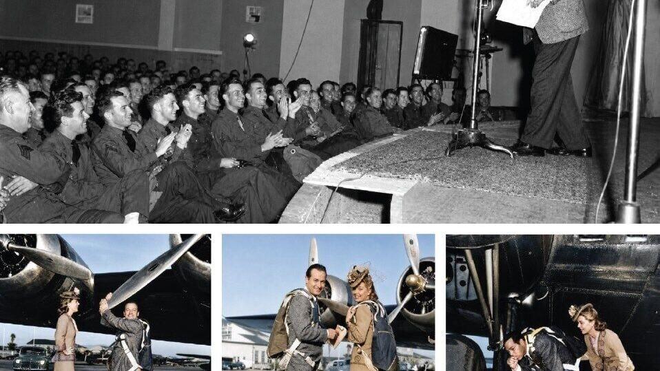 Bob Hope performs for the first time at a military base 85 years ago this month, on May 6, 1941 (top). While at the base, Hope and singer Frances Langford had fun with a B-17 Flying Fortress.