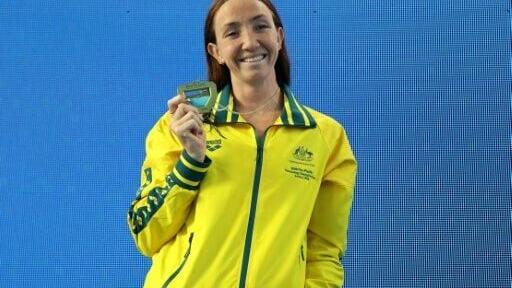Australian Lani Pallister celebrates her 400m freestyle victory in the Pan Pacific Championships in Irvine, California