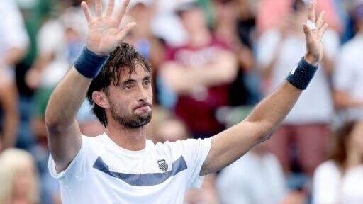 Argentina's Thiago Tirante celebrates his win over Novak Djokovic in the second round of the Cincinnati Masters