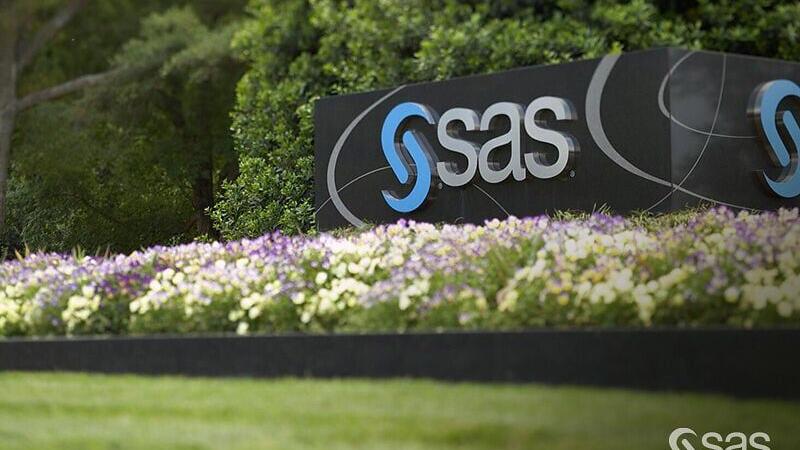 Today's sign at the entrance to SAS' modern, bucolic campus headquarters in Cary, NC