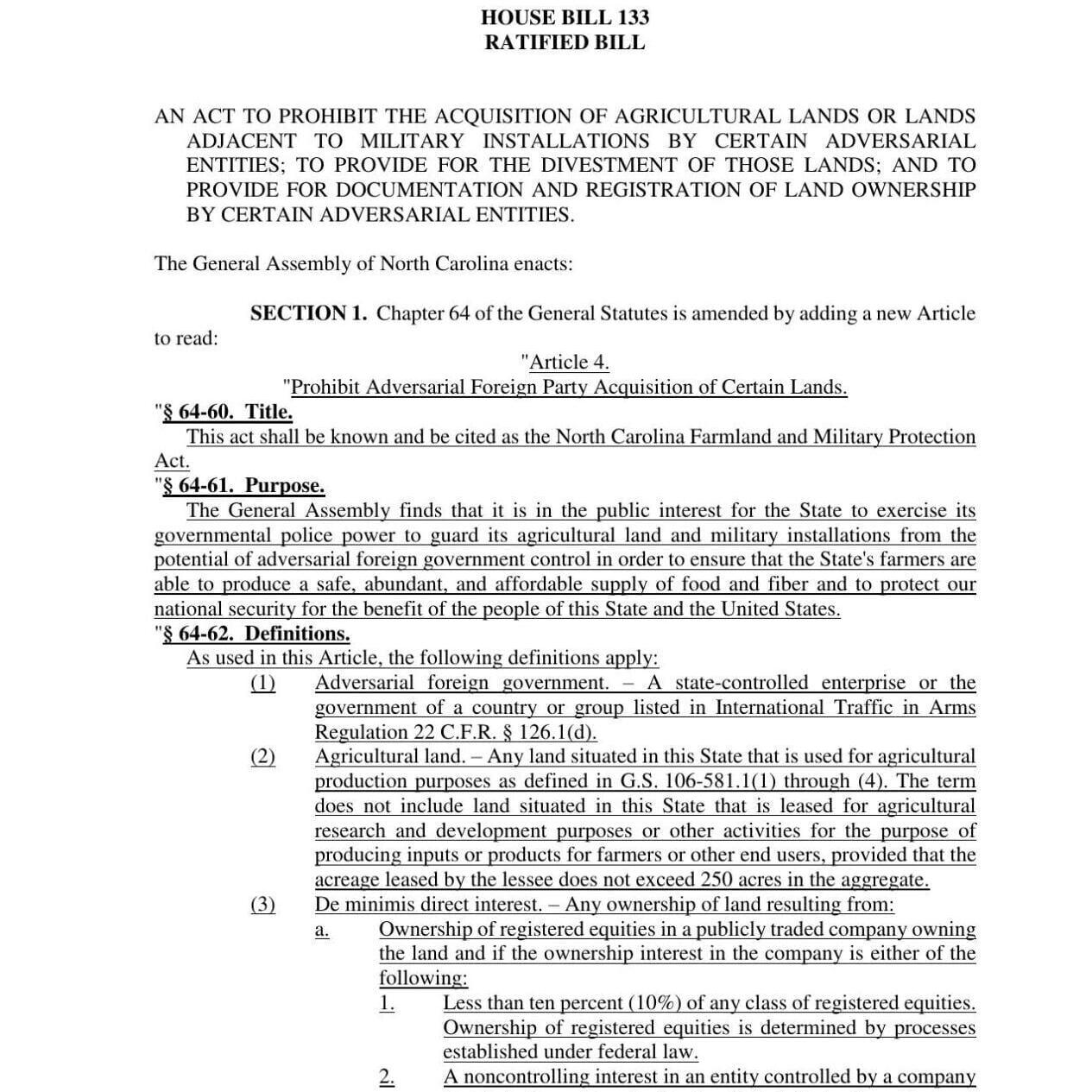 FNF - NC - NC Farmland and Military Protection Act House Bill 133 Senate Bill 504