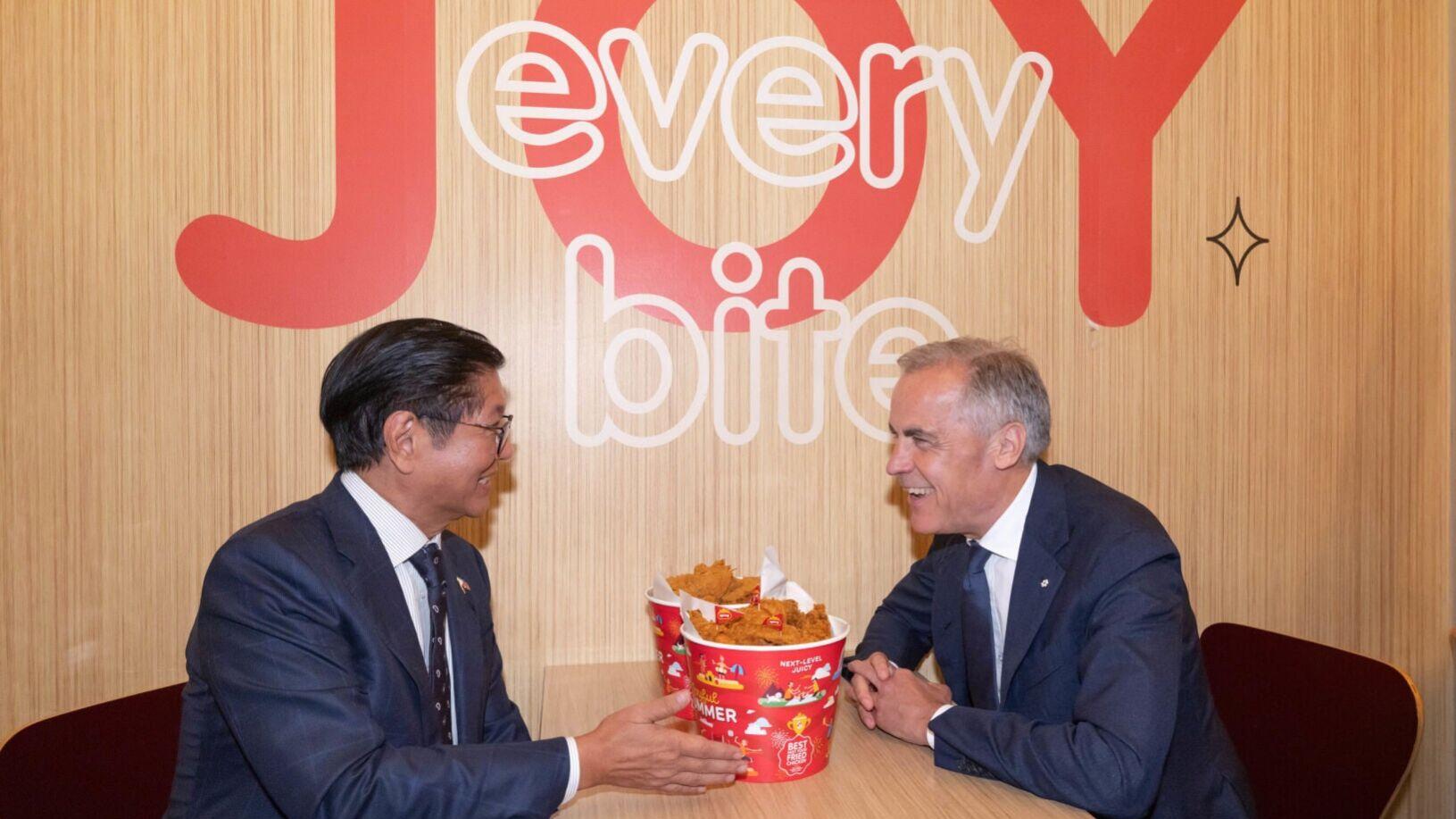 Ferdinand Marcos Jr., President of the Republic of the Philippines (left), and Mark Carney, Prime Minister of Canada (right), share a warm moment before enjoying Jollibee’s world-famous Jolly Crispy Chicken, celebrating the brand’s rapid North American ...