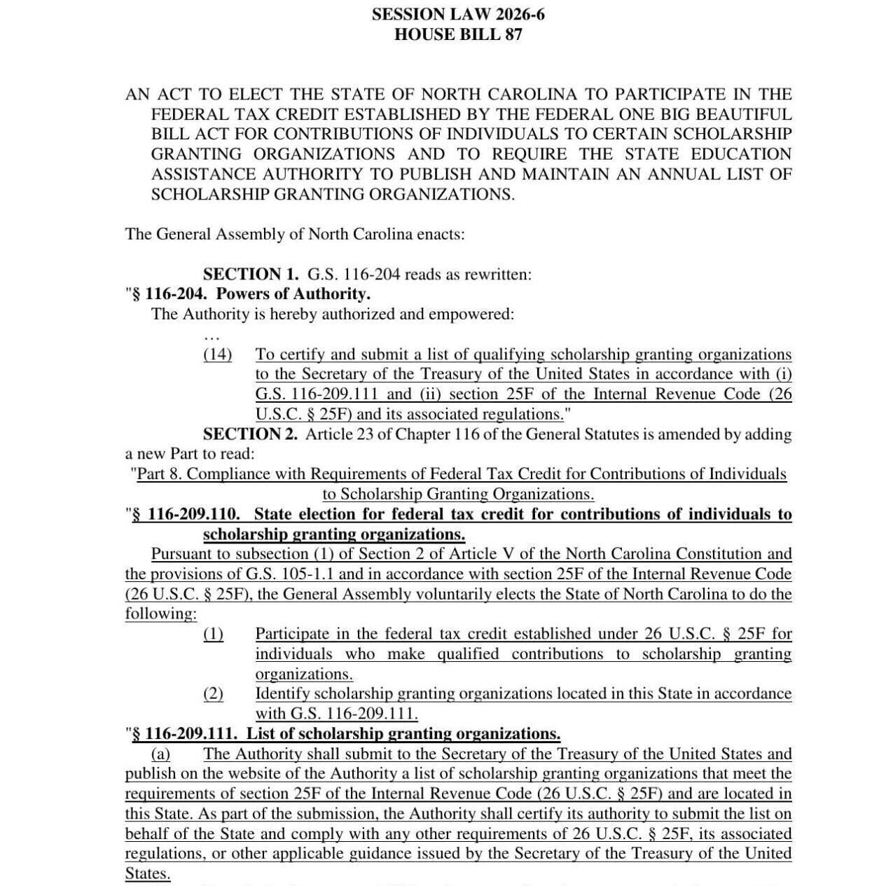 FNF - NC - Educational Choice for Children Act House Bill 87