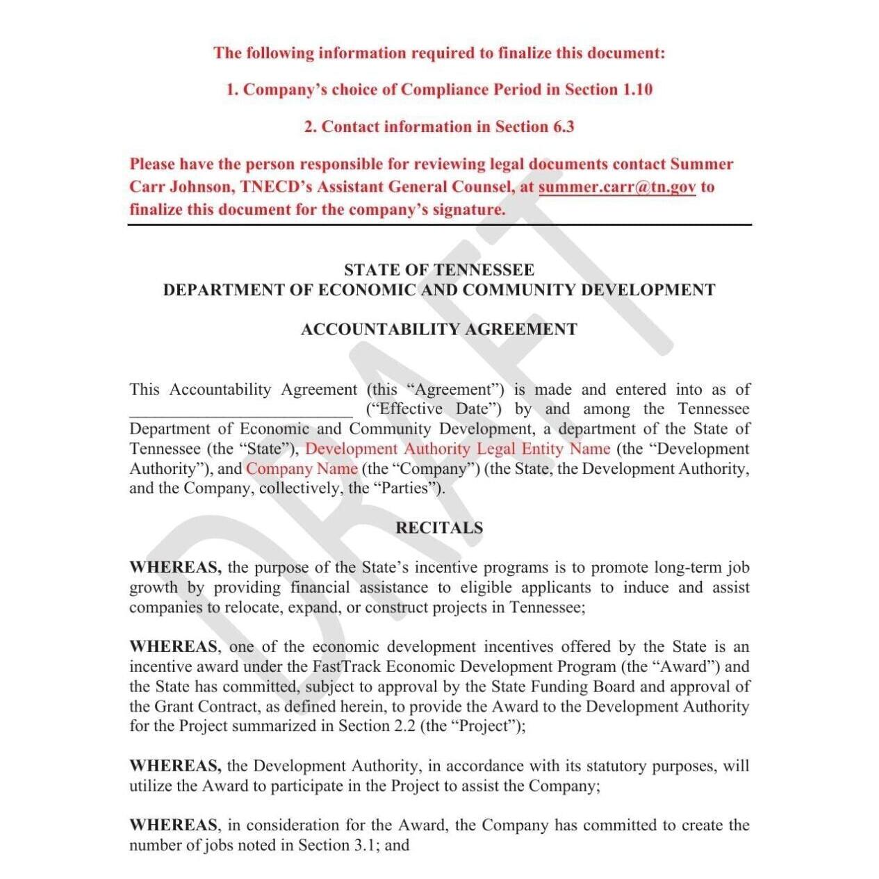 Template Accountability Agreement for FastTrack grants