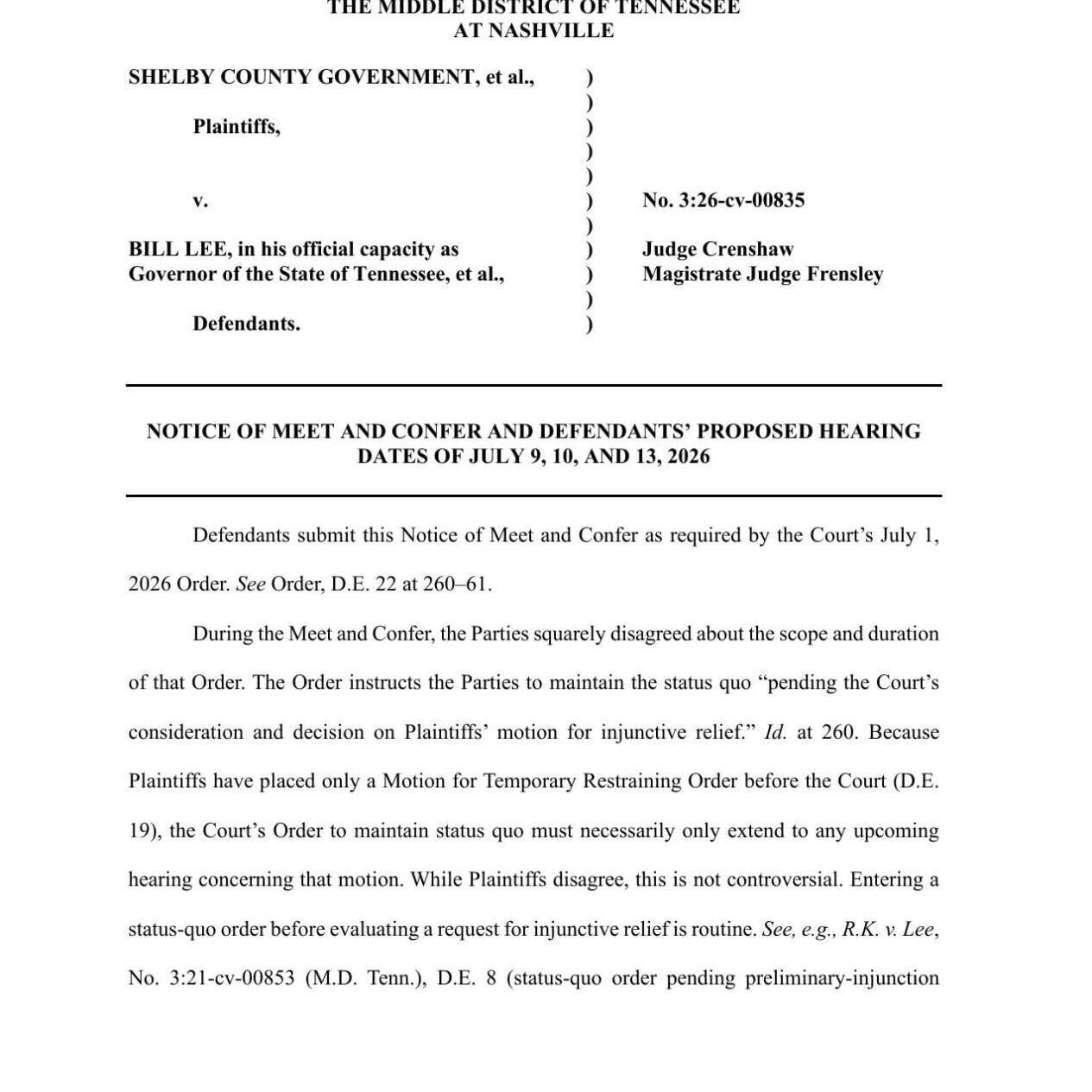 Shelby County, et al., v. Bill Lee,  et al. hearing document