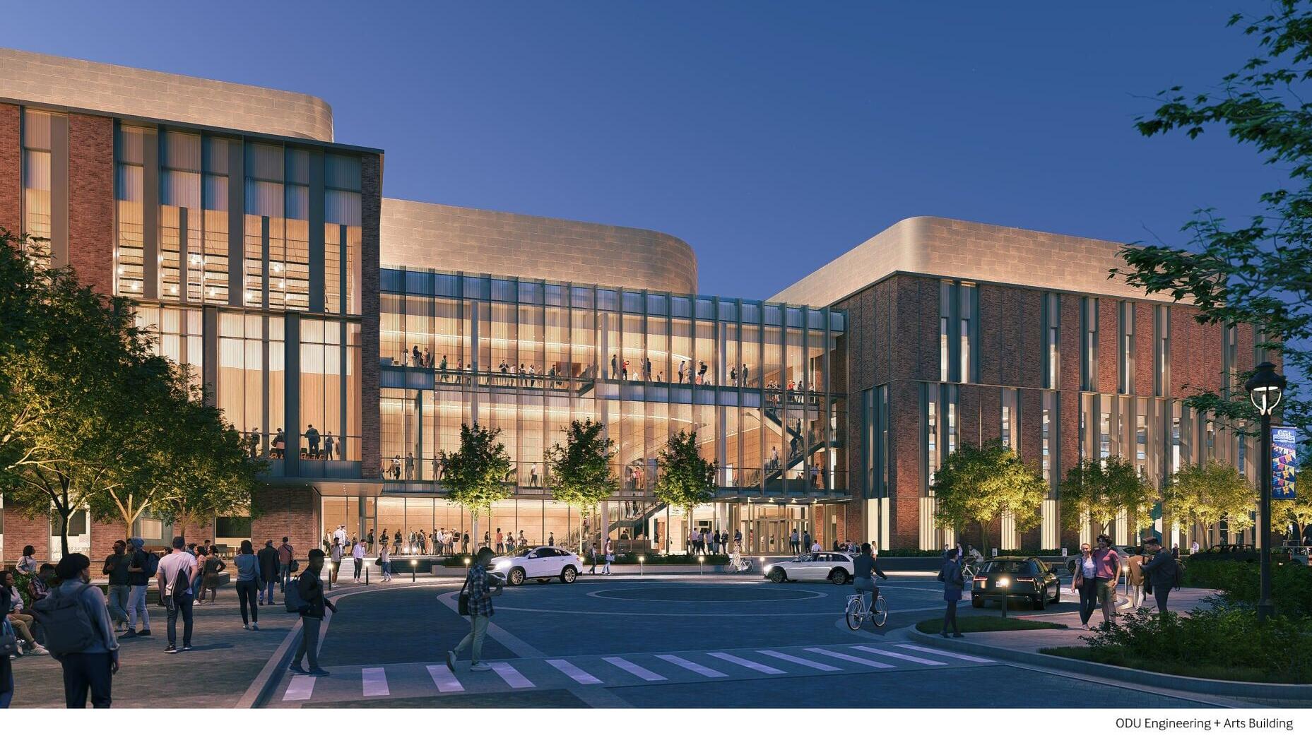 West lobby and studio perspective rendering of the Engineering &amp; Arts Building at Old Dominion University. Rendering: VMDO Architects | Ballinger | Diamond Schmitt Architects