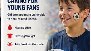 Young child holding a soccer ball beside an Advance ER safety graphic that provides heat illness prevention tips for children, including staying hydrated, dressing in lightweight clothing, taking breaks in the shade, and never leaving children in a park...