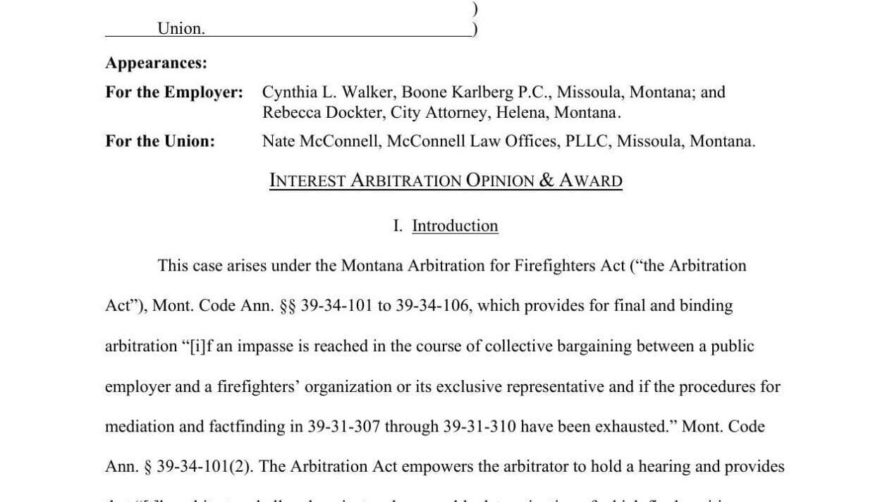 Read the arbitration award that settled Helena's firefighter pay