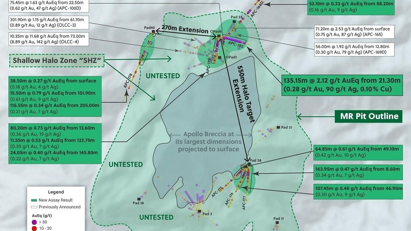Figure 1: Plan View of the Apollo Deposit Highlighting the Shallow Halo Zone and the Drill Holes Announced in this Release