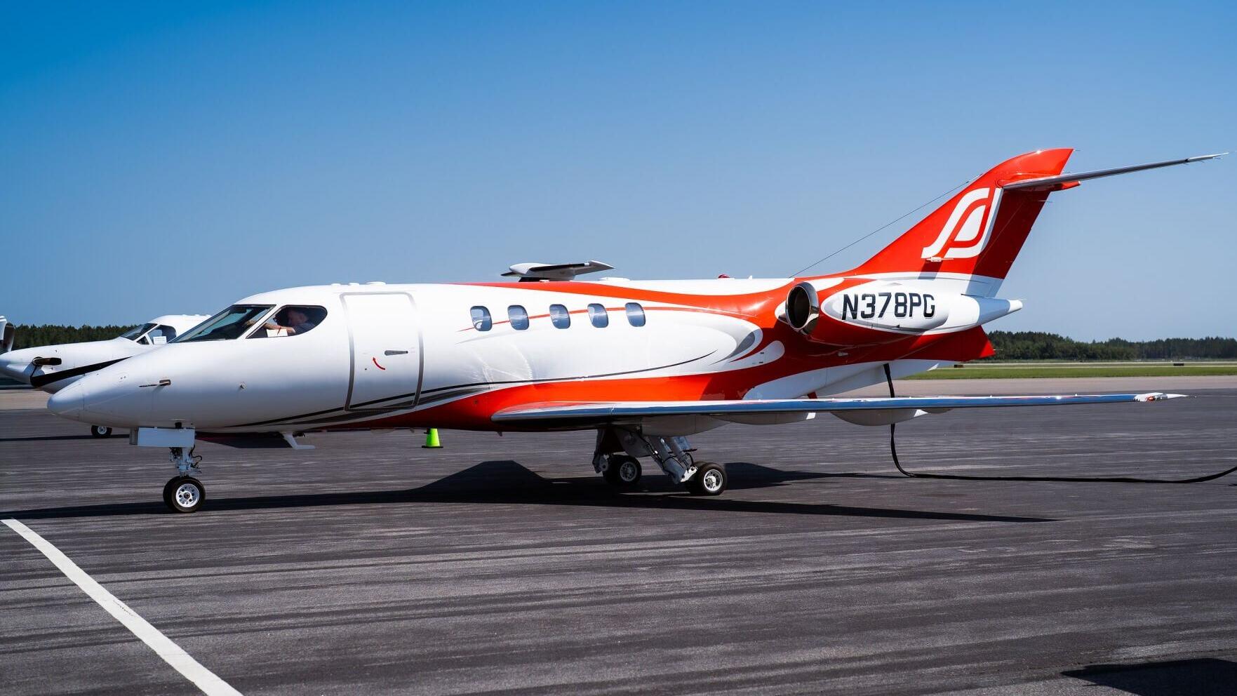 The record-setting SyberJet SJ30-2, registration N378PG, on the ramp before its transcontinental flight.