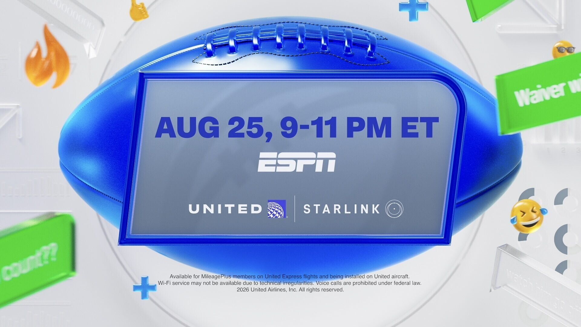 Disney Advertising &amp; United Airlines Take ESPN Fantasy Football to New Heights: 
This Year’s Televised Draft Event Includes Live Picks from 35,000 Feet on Flight Powered by Starlink Wi-Fi