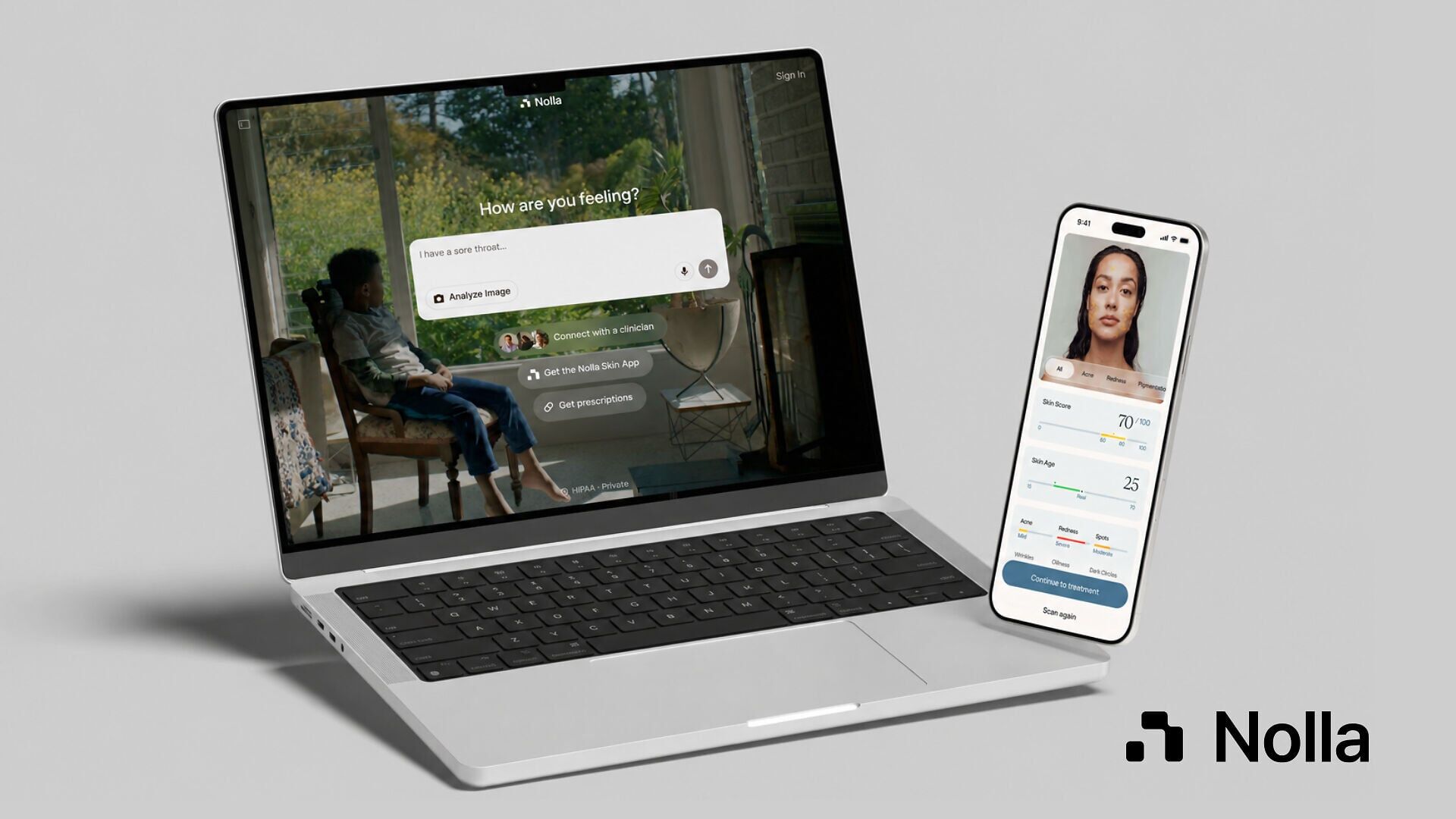 NollaMD and Nolla Skin, side by side. On desktop, NollaMD handles primary and urgent care: patients describe symptoms, upload a photo, or connect with a clinician. On mobile, Nolla Skin scans a selfie and returns a Skin Score, Skin Age, and condition br...