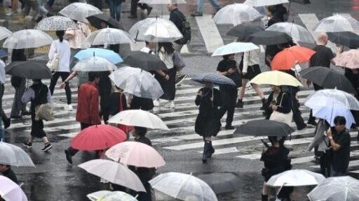 Pedestrians with umbrellas walk on a crossing as rain falls in Tokyo's Shibuya district