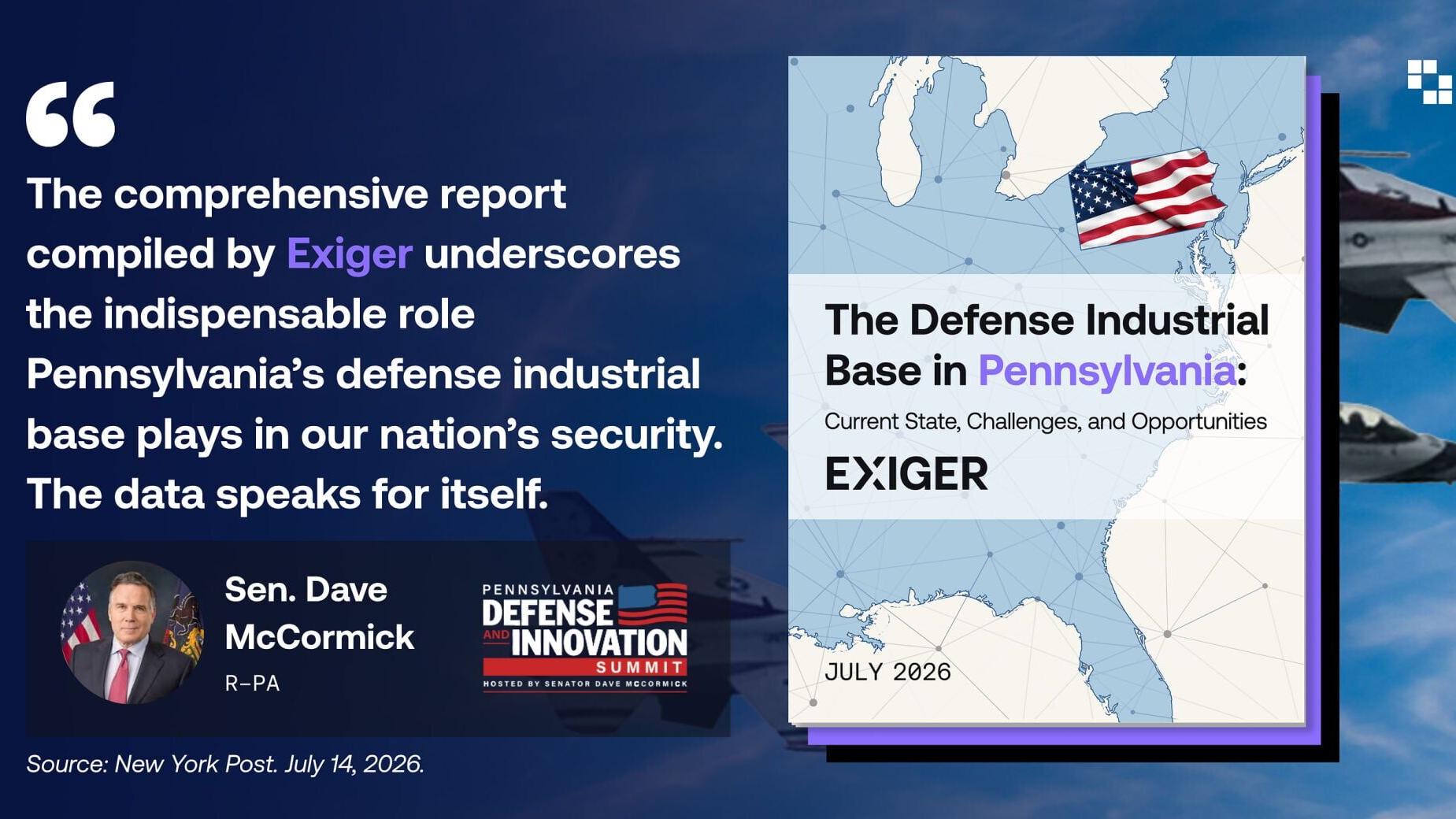 “The comprehensive report compiled by Exiger underscores the indispensable role Pennsylvania’s defense industrial base plays in our nation’s security. The data speaks for itself. Pennsylvania is home to one of the strongest and most diverse defense indu...