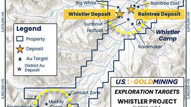 Figure 1: The Whistler Project, containing three gold ± copper ± silver mineral systems:  Whistler–Raintree contains the currently delineated Whistler and Raintree deposits; Island Mountain contains the namesake gold deposit and several additional undri...
