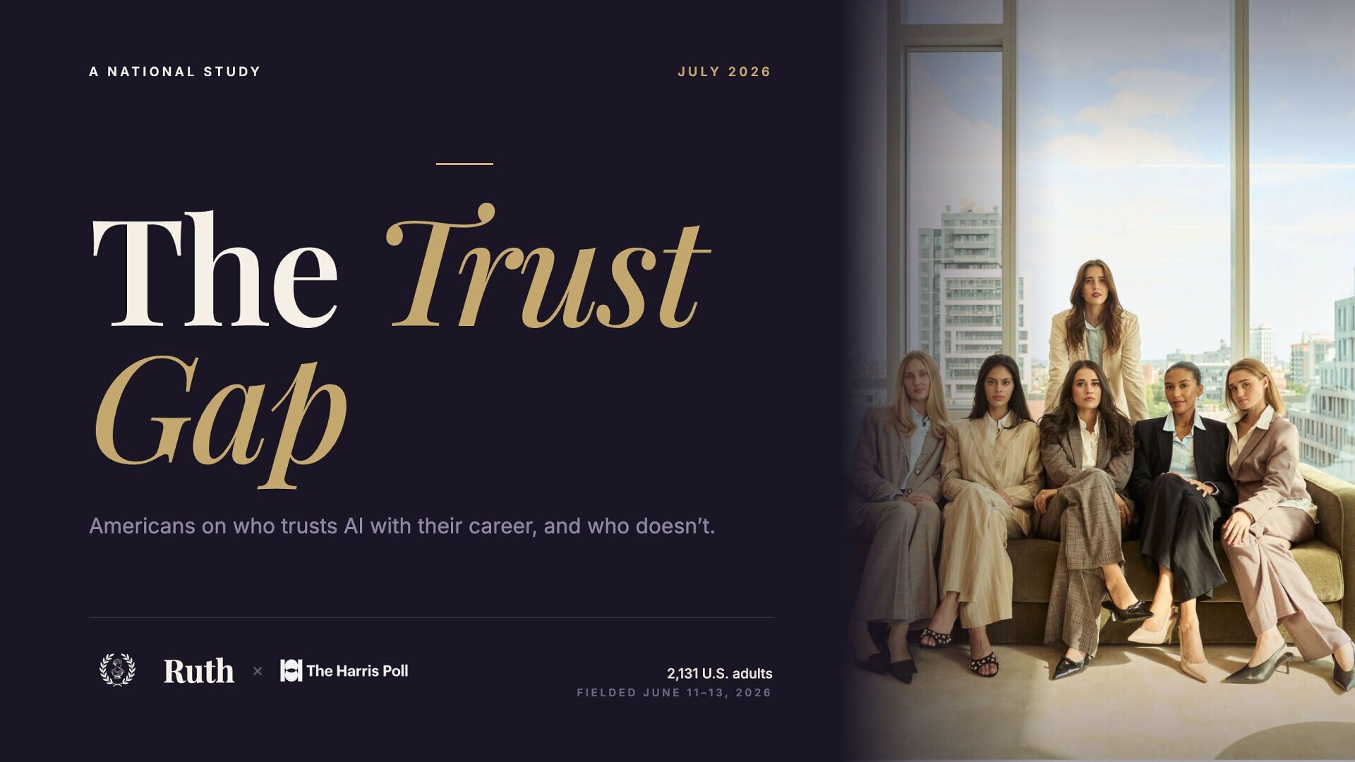 The Trust Gap is a national study examining how Americans use and trust AI with their careers, job searches, and pay. The survey of 2,131 U.S. adults was conducted by The Harris Poll in collaboration with Ruth AI in June 2026. Full study: ruthapp.ai/res...