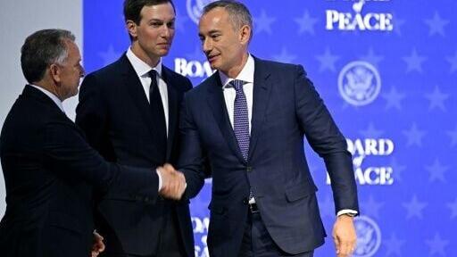 US Special Envoy Steve Witkoff (L) shakes hands with Nickolay Mladenov, Bulgarian High Representative for Gaza (R) next to US businessman Jared Kushner at the "Board of Peace" meeting during the World Economic Forum (WEF) annual meeting in Davos on Janu...