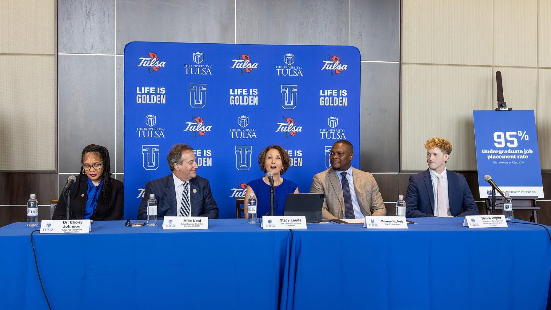 Tulsa Public Schools Superintendent Ebony Johnson, Tulsa Regional Chamber President Mike Neal, University of Tulsa President Stacy Leeds, Tulsa Mayor Monroe Nichols and UTulsa Student Government President Bruce Bigler attend Tuesday announcement that UT...