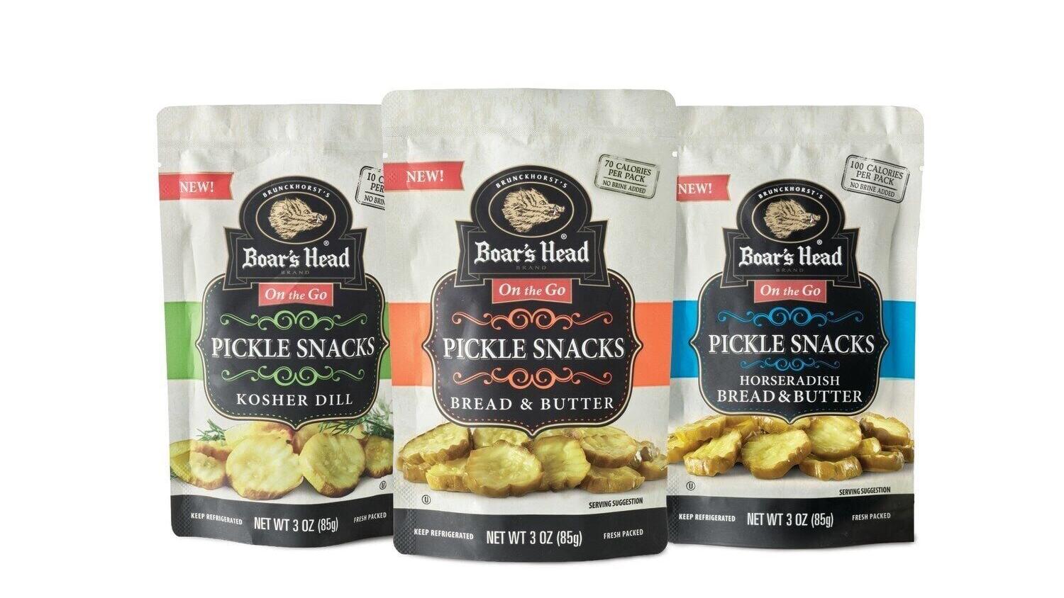Crisp, fresh-packed, and full of flavor. The new Boar’s Head® Pickle Snacks Collection offers a premium, on-the-go crunch. Pictured left to right: classic Kosher Dill, subtly sweet Bread &amp; Butter, and zesty Horseradish Bread &amp; Butter.