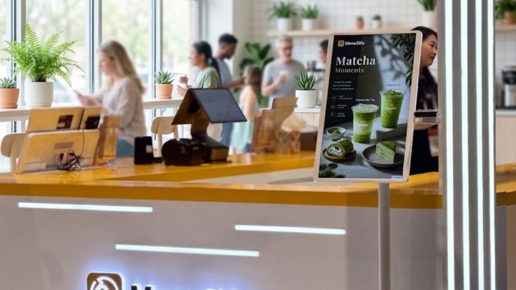 MenuSifu's point-of-sale, kiosk, and digital menu displays in use at a bubble tea shop.
