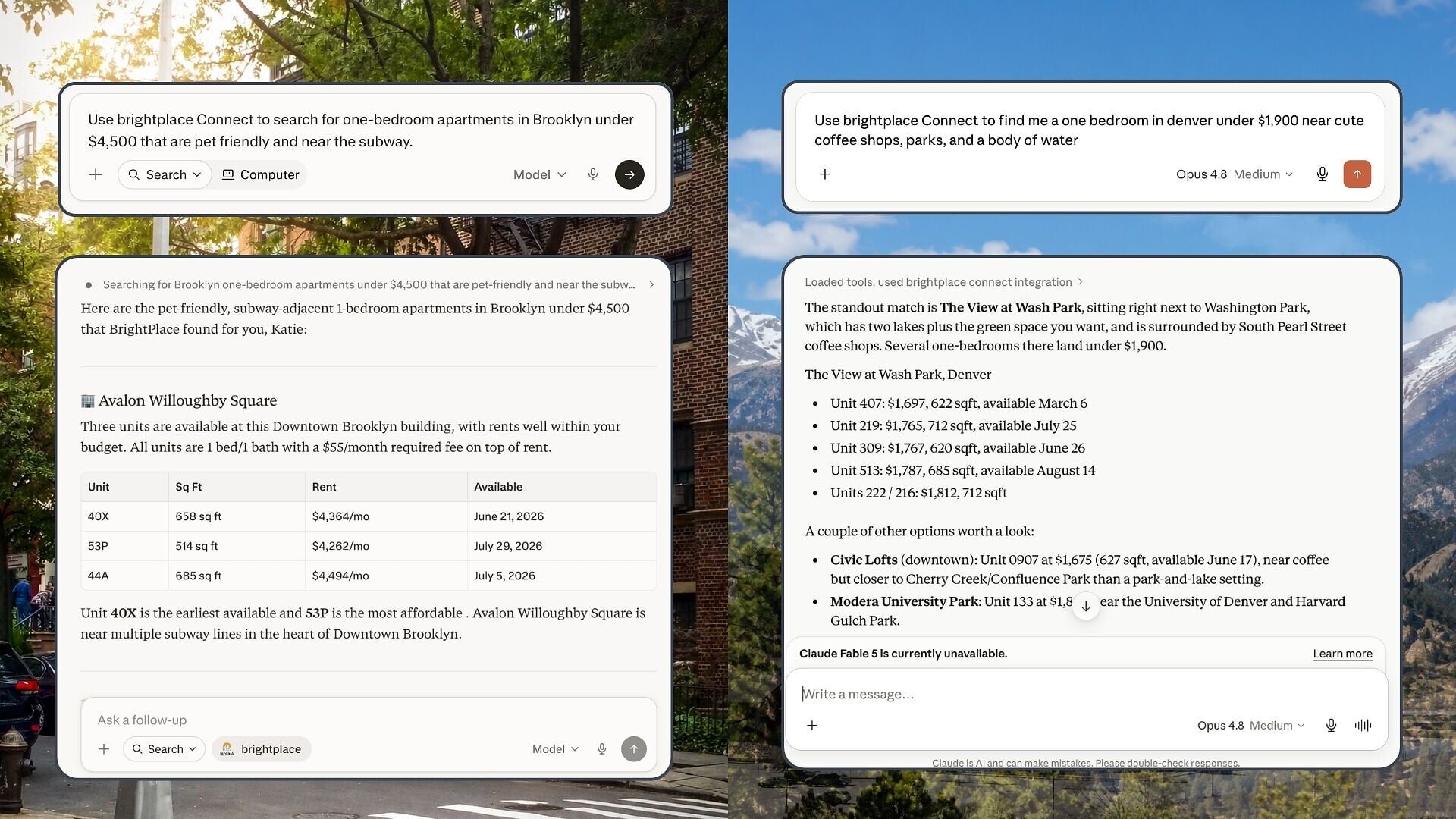 brightplace Connect powering a full apartment search across two different AI assistants.