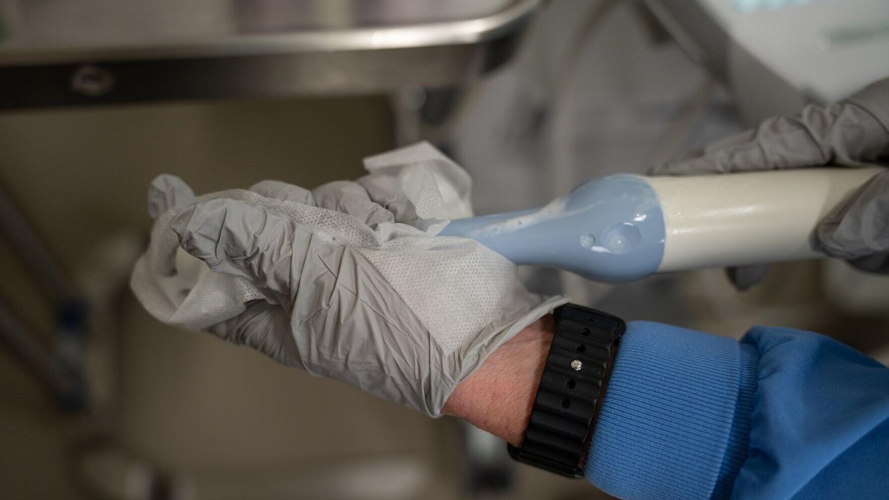 University of Iowa OB/Gyn sonographer disinfects an ultrasound probe with Tristel ULT, a high-level disinfection foam.