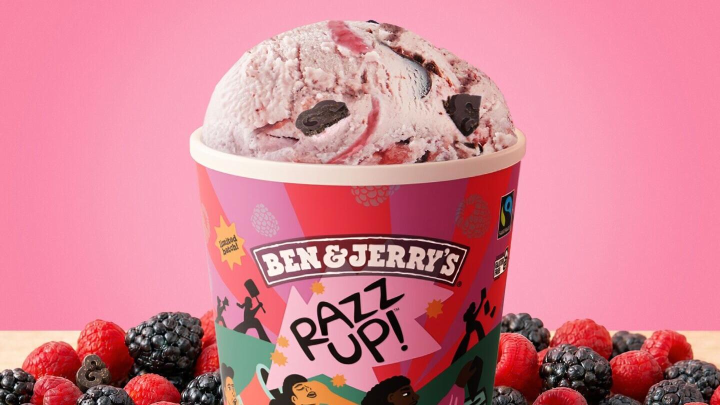 Ben &amp; Jerry's Razz Up! is an indulgent black raspberry ice cream with swirls of raspberry and crackling fudge chunks.