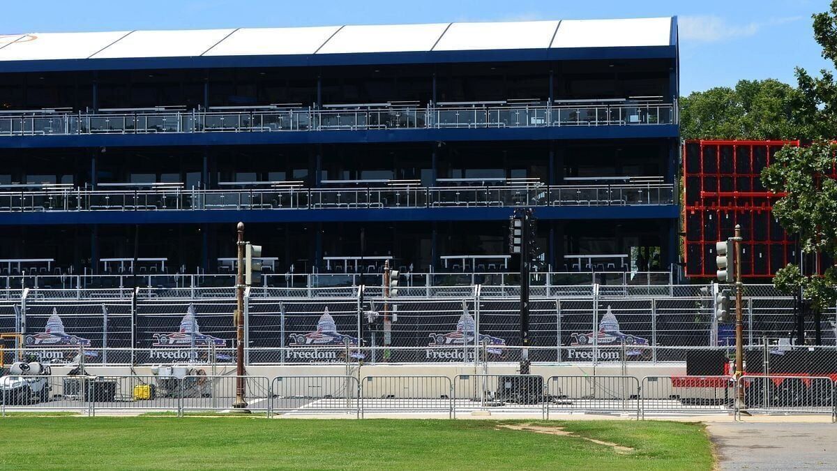 Freedom 250 Grand Prix stands along the National Mall in Washington, D.C., Aug. 21, 2026.
