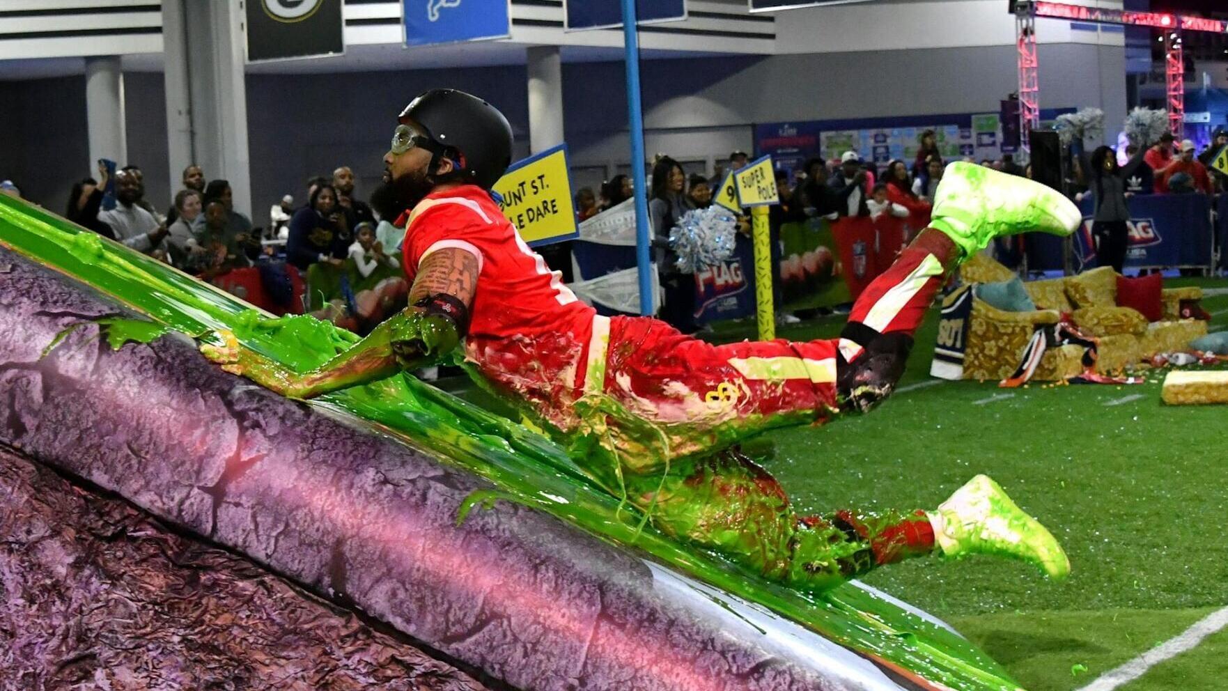NFL wide receiver Odell Beckham Jr. competes during Nickelodeon's 'Double Dare Takes the Gridiron' at Super Bowl LIII in Atlanta in 2019.