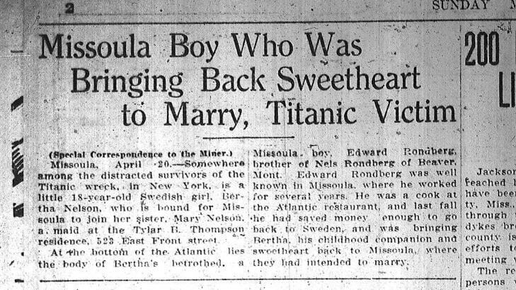 A newspaper clipping about survivor 18-year-old Bertha Nilsson.