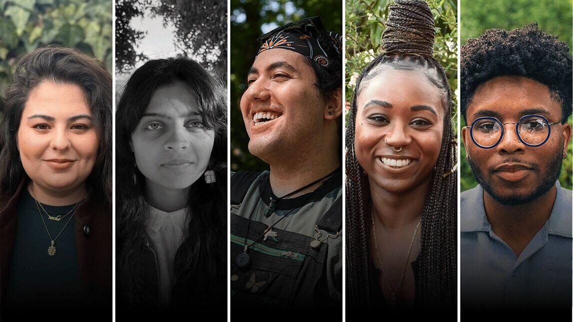 Left to right: Xochi Quetzali Cartland, Fatima Jafar, Noel Munguia-Moreno, Shaina Phenix, and Tariq Thompson. Photos courtesy of the poets.