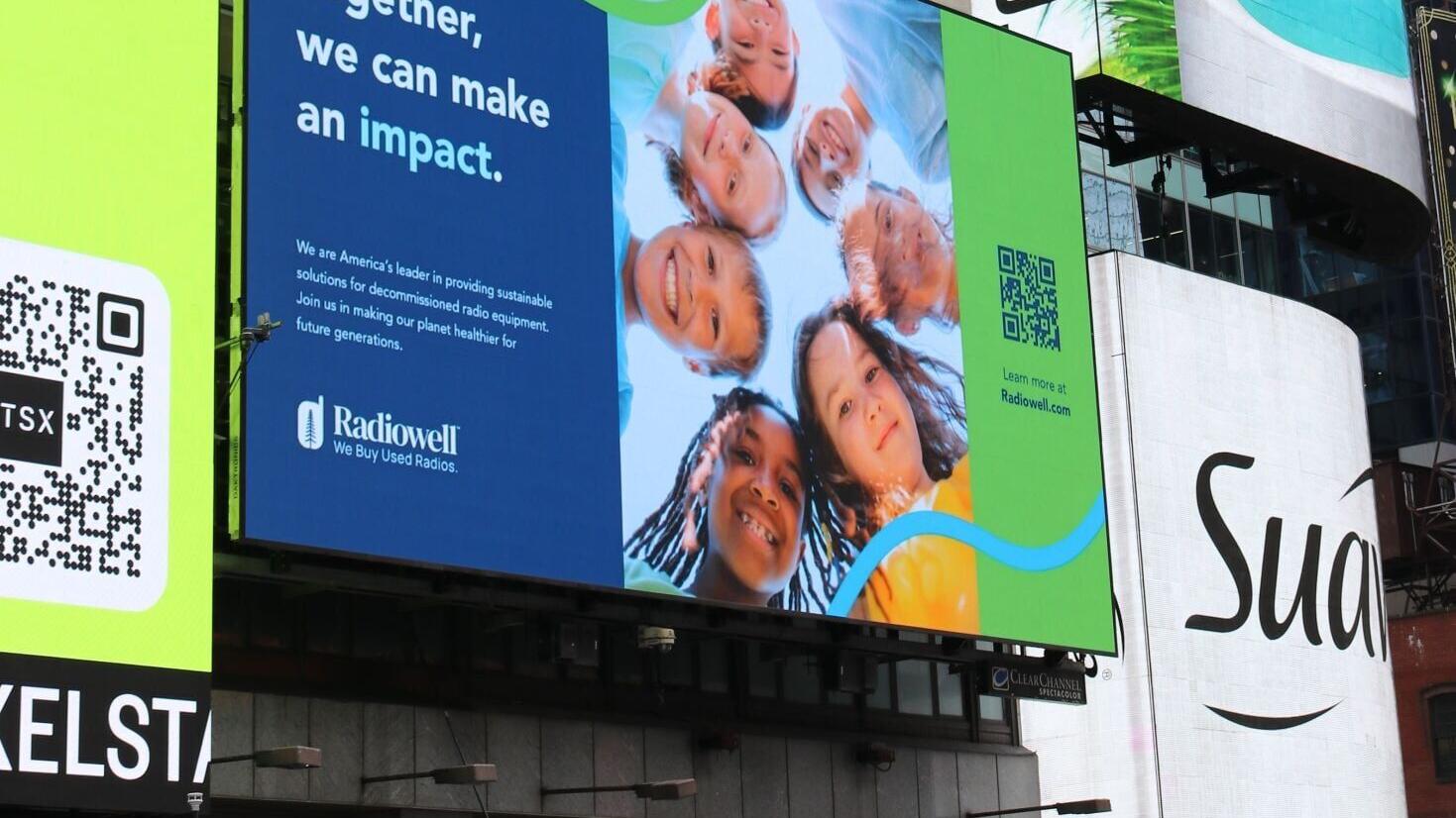 5/14/24 - Times Square / Manhattan - Radiowell, North America's leader in providing sustainable solutions for used radios and other obsolete equipment, launched a nationwide ad campaign to raise consumer awareness for the proper recycling of used walkie...