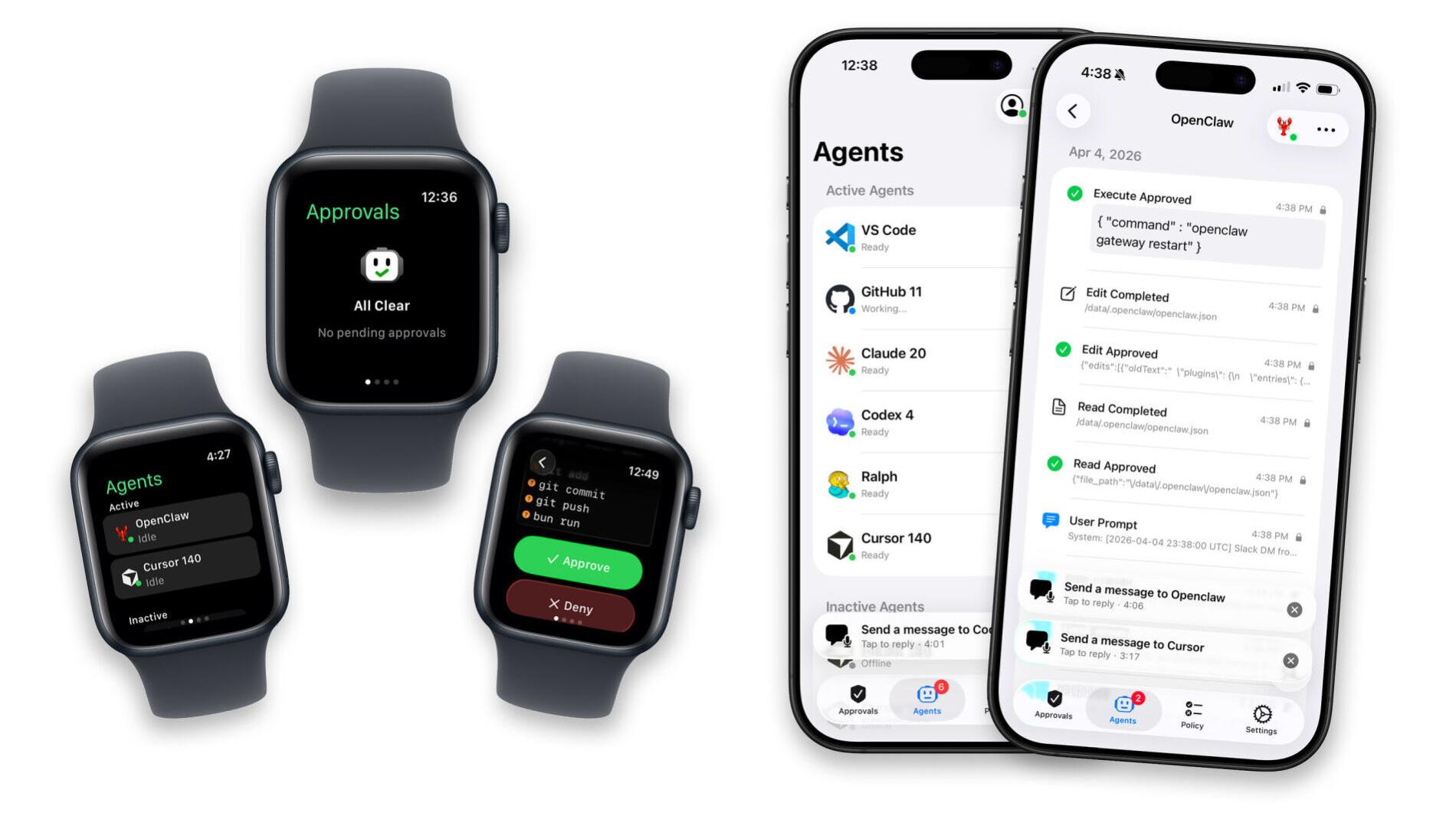 Agent Approve for Apple Watch and iPhone: live activity, event history, and one-tap approvals across 14+ AI coding agents. Shown: the Agents view with Claude Code, Cursor, and Codex; a detailed event feed with approved commands; and Apple Watch screens ...
