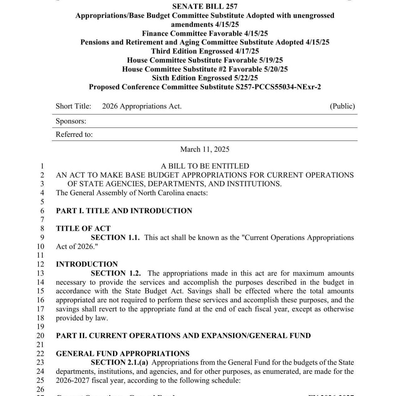 FNF - NC - 2025 Appropriations Act Senate Bill 257