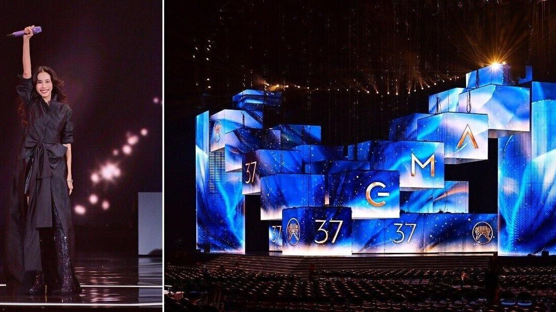 Karen Mok performs at the Golden Melody Awards (left); The ceremony stage (right) / Photo: TTV