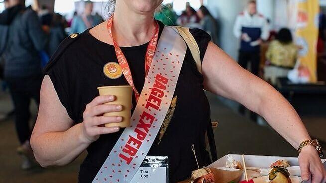 Expert Judge, Tara Cox, at New York BagelFest. Image courtesy of BagelUp. Photo by Jeffrey Robins.