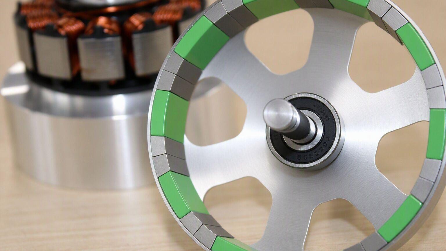 Disassembled ASPINA brushless DC motor built with Niron Magnetics' coated Iron Nitride magnets.