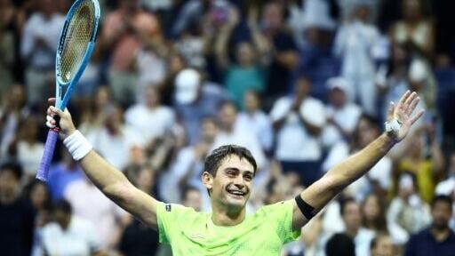 Argentina's Mariano Navone celebrates after upsetting Serbia's Novak Djokovic in the first round of the US Open