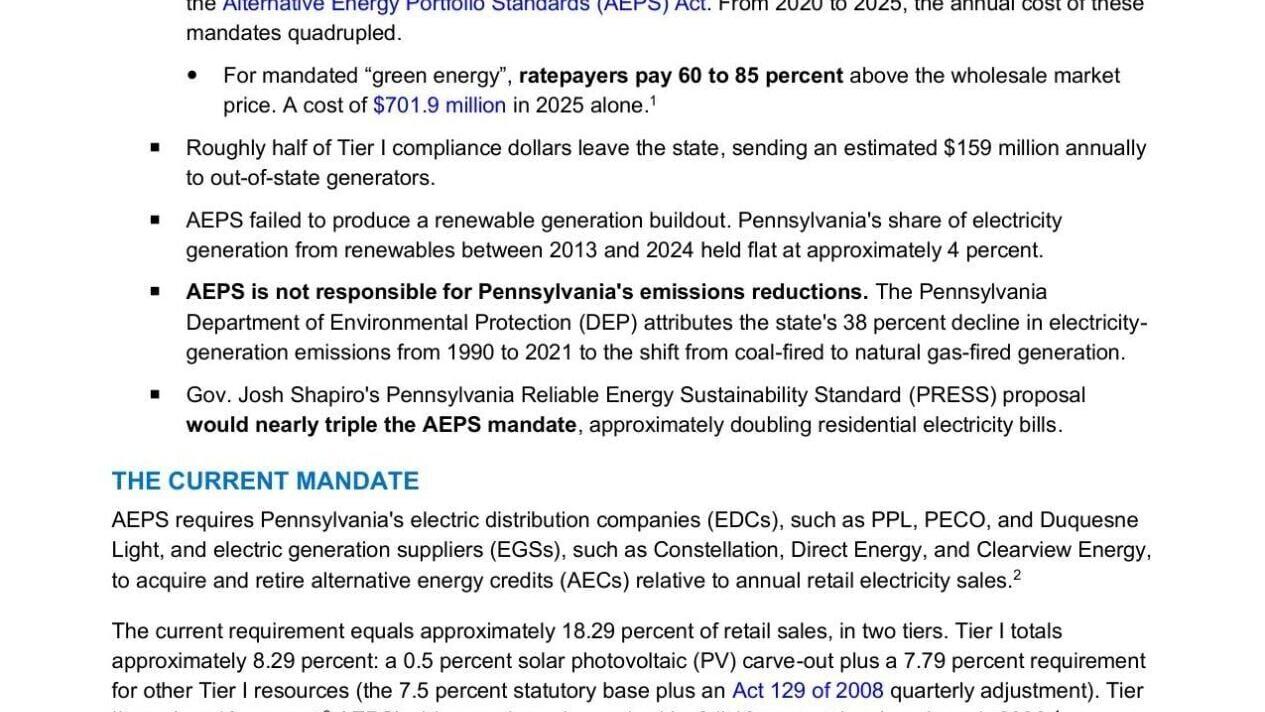 FNF - Penn - Rising Cost of Pennsylvania’s Alternative Energy Portfolio Standards